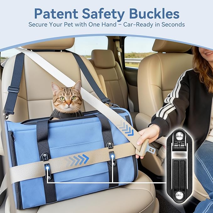 PETSFIT Cat Car Carrier for Small/Medium Cats Dogs, 18"x11"x11" Airline Approved Cat Carrier, with Patent Safety Buckles and Escape-Proof Zipper - Safeguarding Car Travel, Airplane, Vet, Outdoor