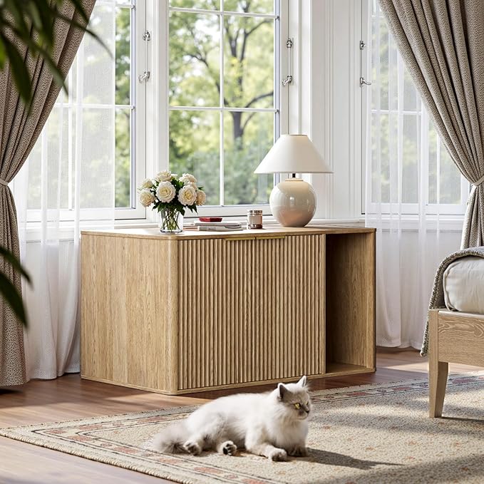 Evermagin 35.4" Oak Cat Litter Box Enclosure Furniture with Cat Scratch Pad, Large Hidden Litter Box Cabinet, Front Entry Can Install Left/Right, Mid Century Modern Kitty End Table, Kitty Bench