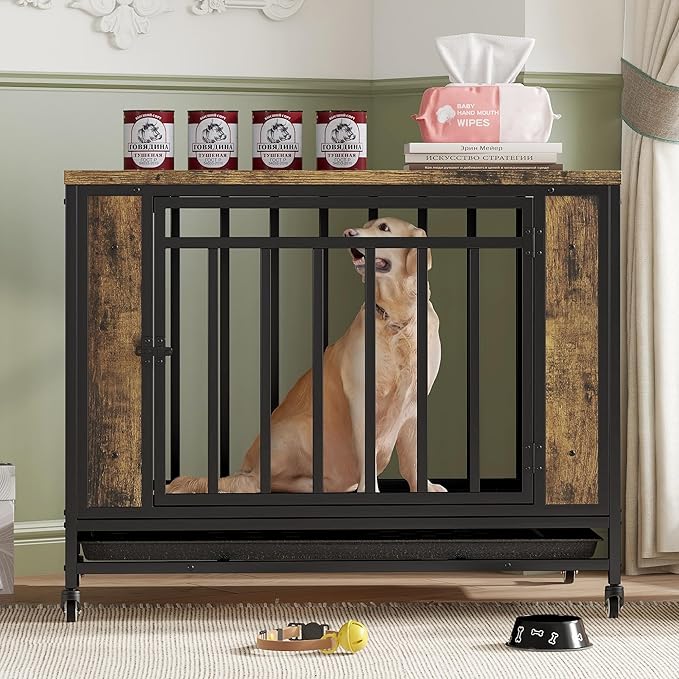 39 Inch Heavy Duty Dog Crate Furniture, Indestructible Wooden Dog Cage Kennel with Lockable Wheels and Removable Tray, Indoor Escape Proof Dogs House for Small Medium Dogs for Living Room Bedroom