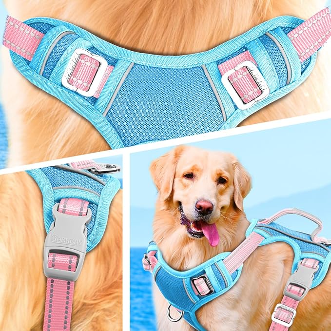 BARKBAY No Pull Dog Harness Large Reflective Dog Harness with Front Clip and Easy Control Handle for Walking Training Running with ID tag Pocket(Baby Blue & Baby Pink,XL)