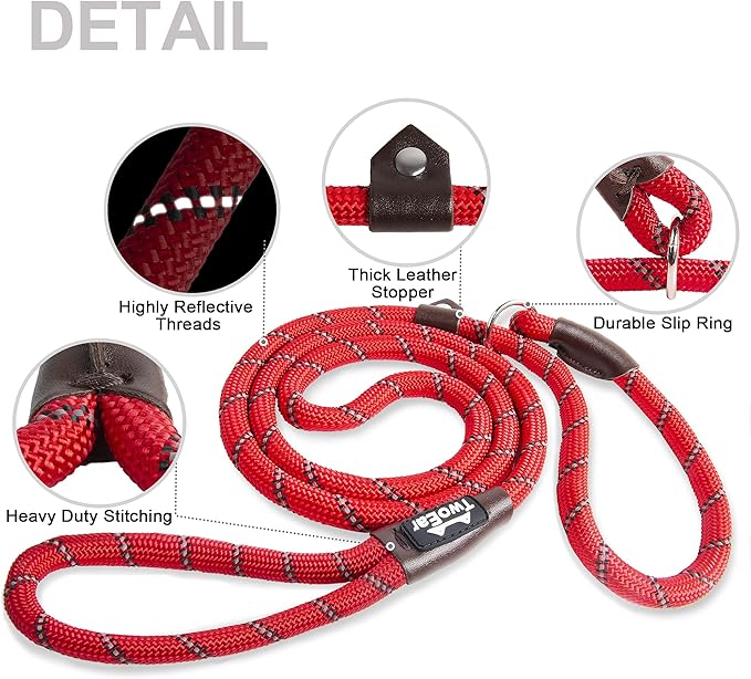 TwoEar Dog Slip Rope Leash - 6FT Heavy Duty Training Leash with Reflective Threads for Small to Large Dogs (Slim, Red)