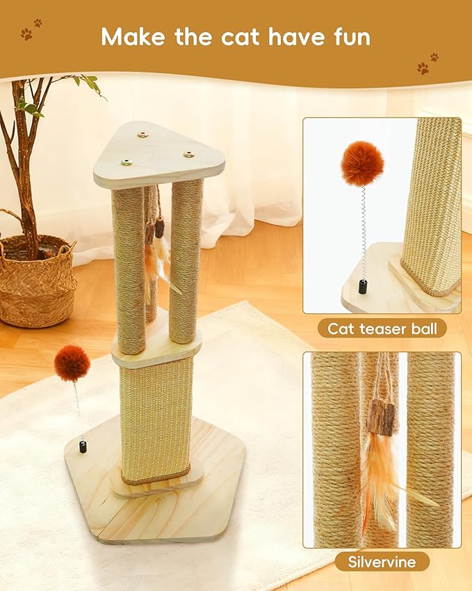 Cat Scratching Post, 26.3 Inch Scratch Post for Indoor Cats, Sisal Scratcher Posts for Medium/Small Cat, with Sturdy Wood Hexagonal Base, Silver Vine Feather Toy & Scratch Pad, Kitten Toys