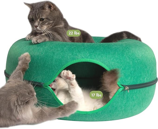 Cattasaurus Peekaboo Cat Cave Donut for Multiple & Large Cats up to 30-45 lbs, 3-in-1 Self Warming Cat Bed, Tunnel & Scratcher for Indoor Cats, Washable & Detachable Dog Bed (Forest Green, Large)