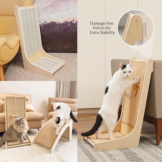 PETKARAY 105° Cat Scratcher, Sisal Kitty Scratch Pad, L Shape Scratching Board for Indoor Cats, Floor Mounted Scratcher with Mouse Toy Catnip, Chevron Style