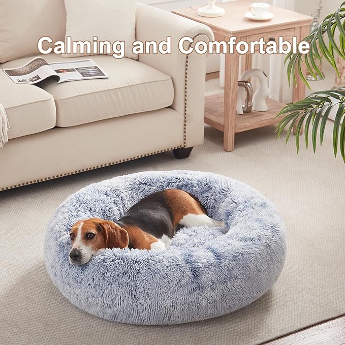 33 inches Donut Dog Bed for Medium Large Dogs,Calming Fluffy Round Pet Bed with Removable & Washable Cover,Fits up to 65 lbs Pets(Dark Blue,M Plus)