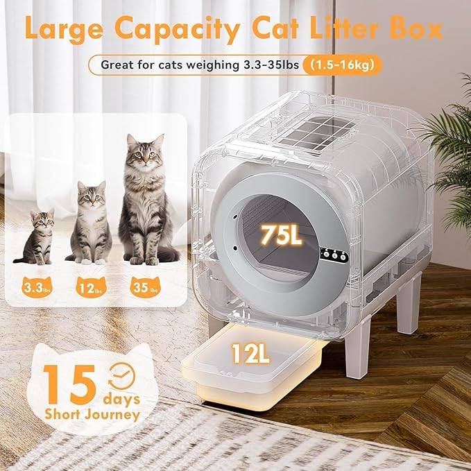 Automatic Cat Litter Box, Self Cleaning Litter Box with App Control, 75l Large Cat Litter Boxs for Multi-Cat Homes, Infrared & Weight Sensors, Odor Eliminator, Easy Cleaning, 20 Trash Bags, Silver