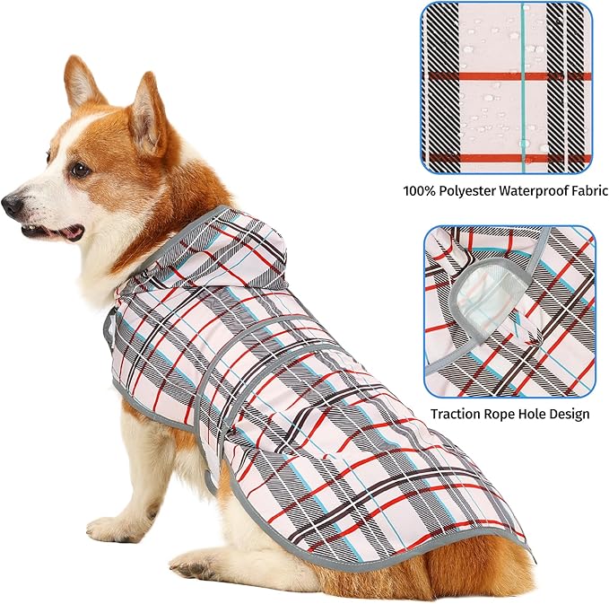 Dog Raincoats for Large Dogs Waterproof Hooded Rain Jacket with Reflective Strips Leash Hole & Poncho Adjustable Fit (Plaid,L)