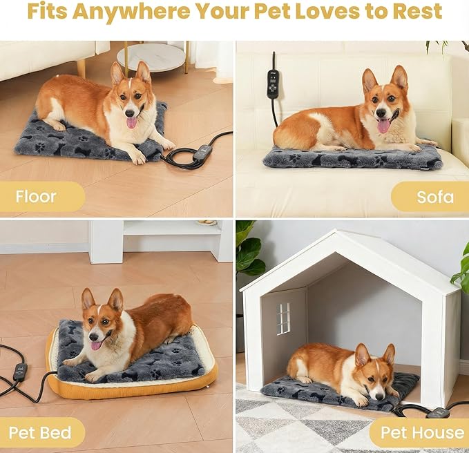 Pet Heating Pad for Cats Dogs, Heated Cat Dog Bed with 5 Temperature Levels, Timer, Auto Shut-Off, Thick Paw-Print Cover, Chew Resistant Cord for Indoor & Sheltered Outdoor Use (L: 26" x 20" x 1.3")