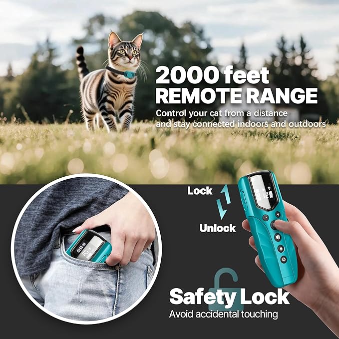 Cat Training Collar No Shock,Tiniest Vibrating Cat Collar with Remote 2000ft, Vibration Collar for Small Cat 5-15lbs & Medium Large Cats, Safe Lock, Beep, Vibrate, No Prongs, Waterproof, Cyan