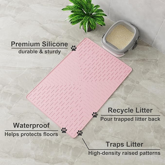 OHMO Cat Litter Mat Trapping Mat Premium Silicone 37.5x25.2，Pink, Waterproof and BPA Free Kitty Litter Box Mat, Easy to Clean and Keeps The Floor Tidy