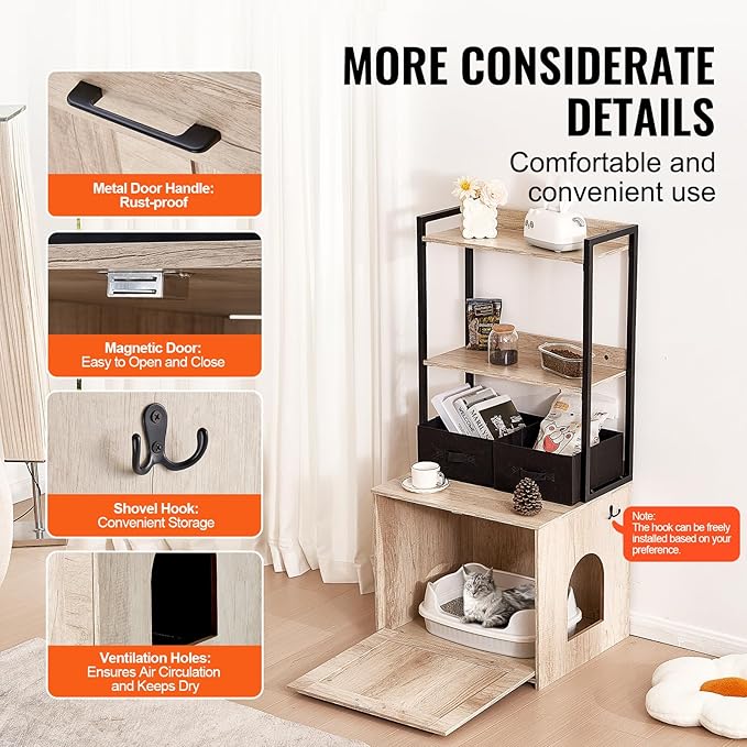 VEVOR Cat Litter Box Enclosure, Hidden Litter Box Furniture with 2 Storage Shelves & 2 Baskets, Wooden Cat Washroom Indoor, Cat House Cabinet Fit Most of Litter Box, 23.6"L x 19.7"W x 50"H, Natural