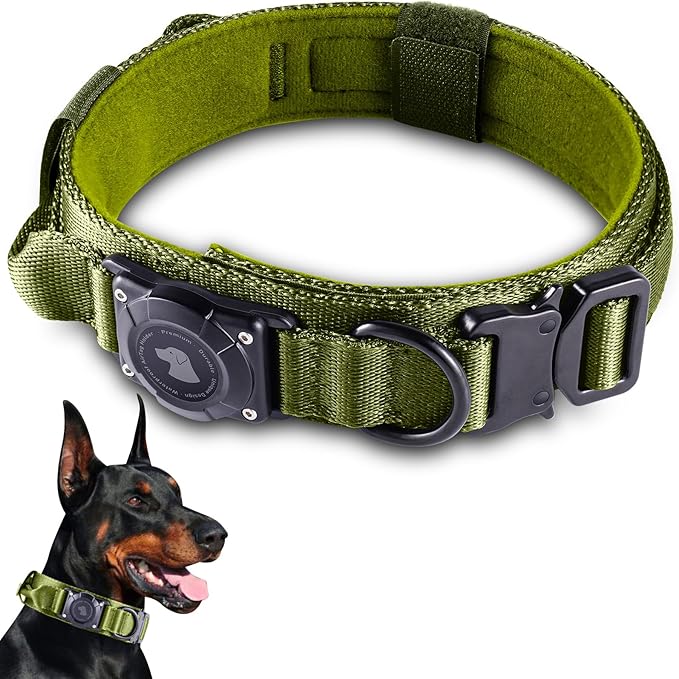 2025 Upgrade Waterproof AirTag Dog Collar, Military Tactical Dog Collar with AirTag Holder, Comfortable Control Handle and Metal Buckle, GPS Dog Collar Holder for Medium to Large Dogs (ArmyGreen, XL)