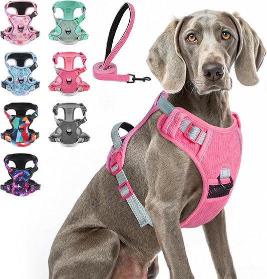 BEAUTYZOO No Pull Dog Harness Large, Adjustable Dog Harness and Leash Set -Easy Wearing with 3 Buckles/Control Handle,No Choke Soft Padded Reflective Pet Vest for Training Walking Hiking,Rose XL