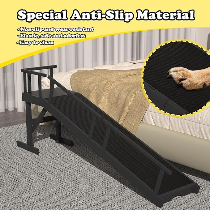 20" Height Dog Ramp for Bed, 61" Long Large Pet Ramp with Non-Slip Surface, Wooden Dog Ramp with Removable Rail & Rest Platform, Also as Dog Stairs for Small Senior Dogs with Glow Strips, Black