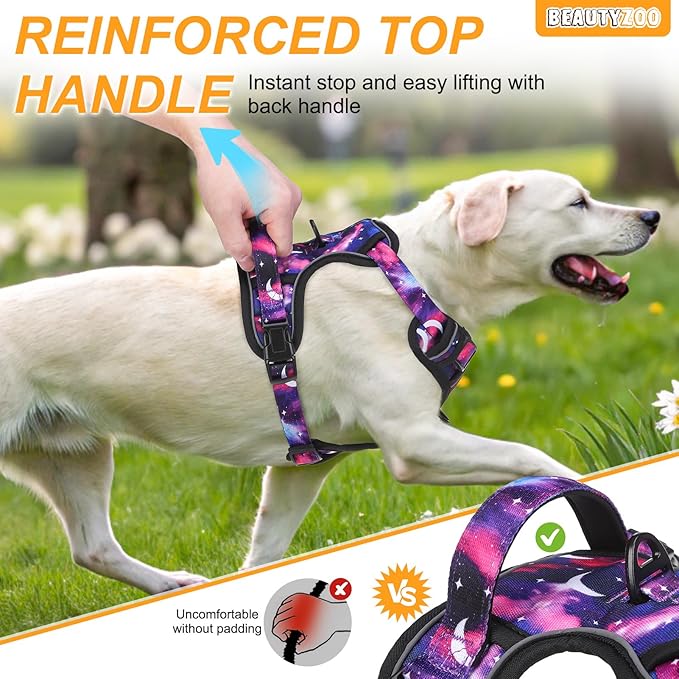 BEAUTYZOO No Pull Dog Harness and Leash Set with 2 Metal Leash Clips - Overhead-Free 3 Snap Buckles Design, Adjustable No-Choke Soft Padded Reflective Oxford Pet Vest for Small Medium Large Dogs, S