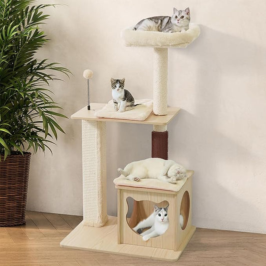 42” Wooden Cat Tree Tower for Indoor Large Cats & Kittens, Modern Tall Cat Climbing Tree w/Cave Condo, Scratching Posts, Perch, Multi-Level Cat Tower w/Interactive Ball & Detachable Cushion