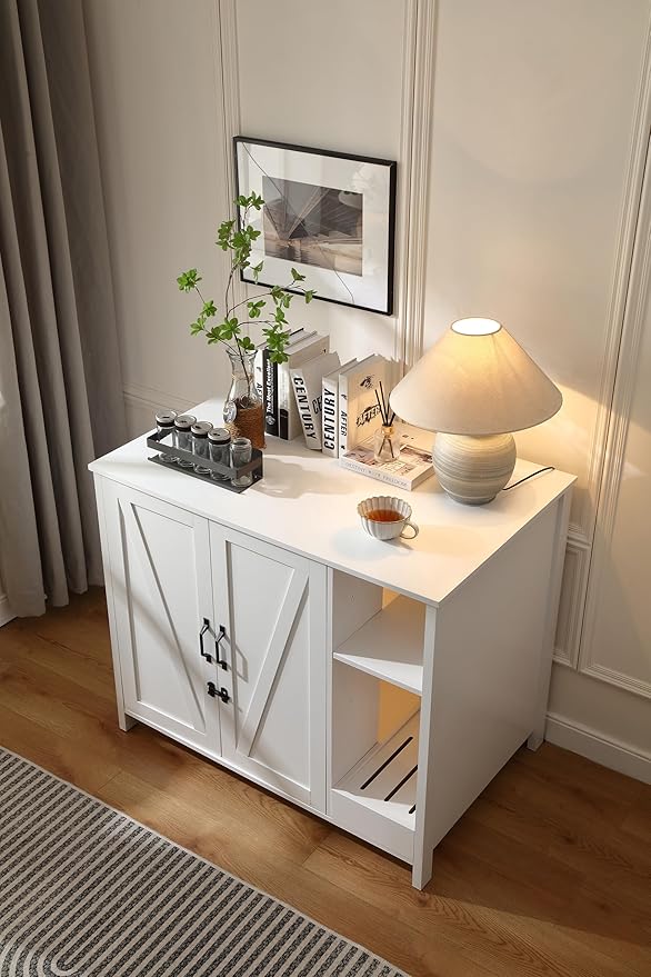 Large Cat Litter Enclosure with Litter Collector, Enclosure for self-Cleaning Litter Boxes,Adjustable Shelf for Dog Proof,Charging Station,Locks Added for cat,Cat House,Cloud White