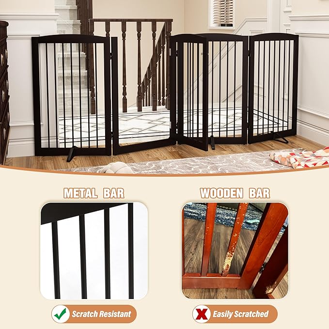 Freestanding Dog Gates with Door Walk Through, 80 inch Wide Gates Indoor, Dog Fences Indoor, Support Feet Included, 4 Panels, 32" Tall, Dark Brown