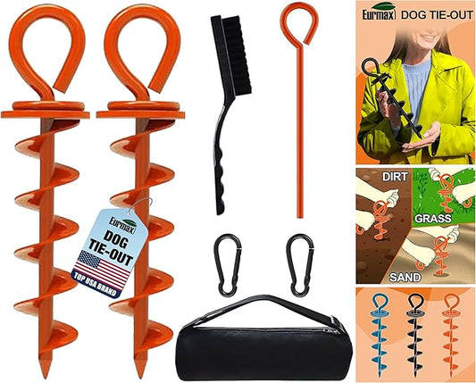 Eurmax USA Heavy Duty Dog Tie Out Stake for Large Dogs up to 210 lbs,Dog Stakes for Outside,Ground Anchor for Dog Leash,Runner Cable, and Pet Gadget Dog Accessories Trampoline Stakes(2,Medium,Orange)
