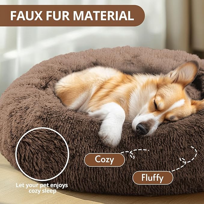 JOLLYVOGUE Calming Dog Bed for Small Dogs - 23 inches Donut Washable Small Dog Bed for Kittens & Puppies, Anti-Slip Round Fluffy Plush Faux Fur Cat Beds (Fits up to 25 lbs Pets, Coffee)