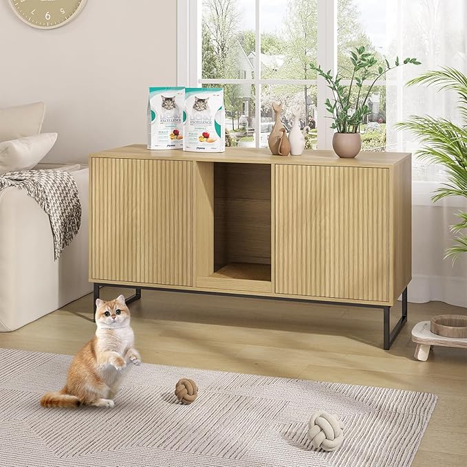 Kitty Litter Box Enclosure for 2 Cats, Small Hidden Cat Litter Box Furniture with Scratch Pad, Modern Fluted Double Litterbox Cabinet TV Stand for Kittens, Natural