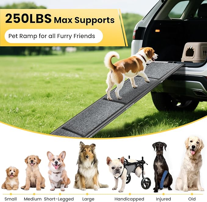 Dog Ramp for Car, 71''x 17.3'' Extra Long Dog Ramp for Truck with Non-Slip Rug Surface, Portable and Folding Dog Car Ramp for SUV & Car, Outdoor Pet Ramp for Large Dogs Up to 250 LBS
