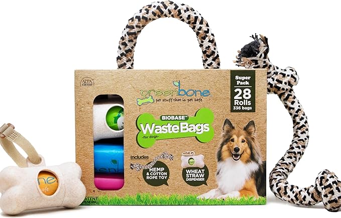 Greenbone BioBase Dog Poop Bag Refills: 28 Rolls - 336 Bags with Dispenser and Rope Toy Handle