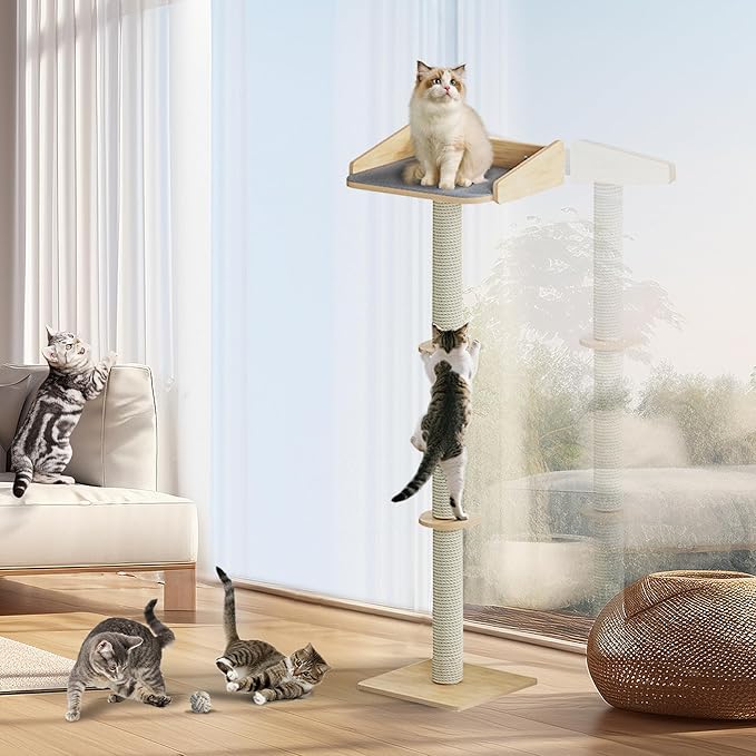 53" Cat Window Perch with Scratching Post, Cat Window Bed with Soft Mat, Non-Slip Base, 2 Suction Cups, Top Observation Perch, Max Support 50 lbs, Multi-Level Perch for Climbing (Natural Wood, 53")