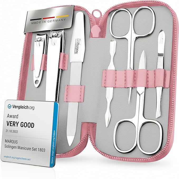 Manicure Set Solingen Made in Germany - 7 Piece Exclusive Finger & Toe Nail Clippers Kit for Women and Men in Real Leather Case, Color Rosa