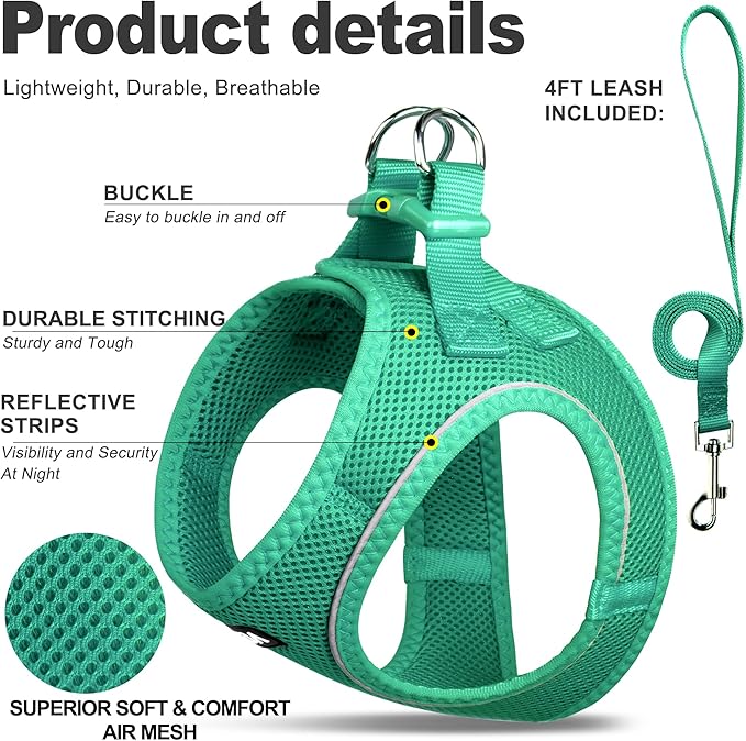 Fida Cat Harness and Leash Set for Walking Kitten and Puppy, Escape Proof Kitten Harness with Breathable Lightweight Soft Mesh, Adjustable Reflective Step-in Design. (XS, Green)