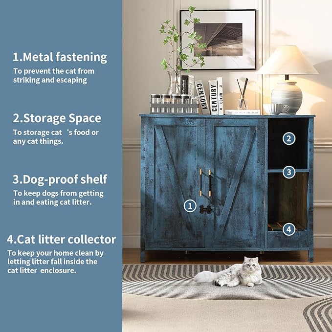 Large Cat Litter Enclosure With Litter Collector, Enclosure for self-Cleaning Litter Boxes,Adjustable Shelf for Dog Proof and Storage,charging station,Locks Added for cat,Cat House,Blue