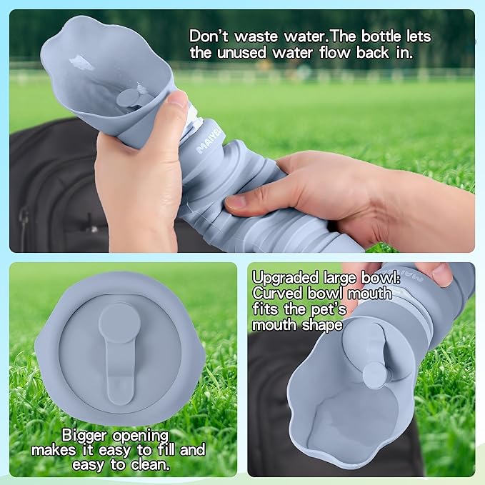Dog Water Bottle Collapsible & Portable Squeeze, 9oz-17oz Water Dispenser & Folding Bowl,5 Levels Capacity in 1,Carabiner Clip,100% Food-Grade Silicone, Outdoor Walking,Hiking,Travel