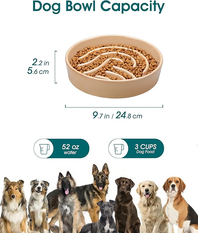 vancasso Slow Feeder Dog Bowl, 3 Cup Ceramic Slow Feeding Food Dish for Large Breed, Puzzle Dog Food Bowl for Fast Eater, Brown