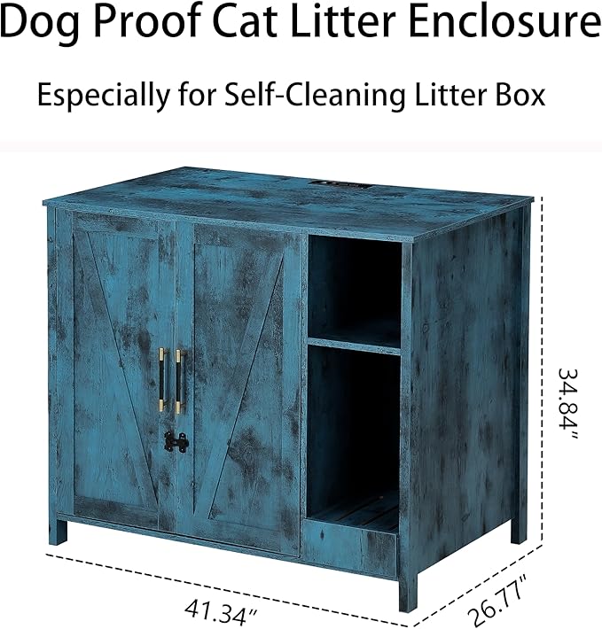 Large Cat Litter Enclosure With Litter Collector, Enclosure for self-Cleaning Litter Boxes,Adjustable Shelf for Dog Proof and Storage,charging station,Locks Added for cat,Cat House,Blue