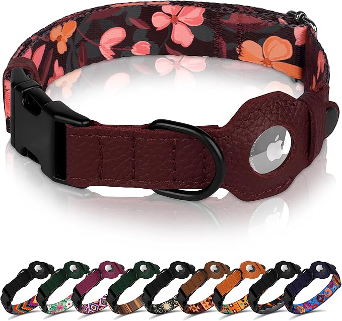 AirTag Dog Collar with Metal Buckle - Printed Nylon Soft Leather Dog Collar with Apple AirTag Holder - Secure Tracking GPS Pet Collars for Girl Boy Small Large Dogs (XS, 9"-12" Neck Fit, Crossandra)