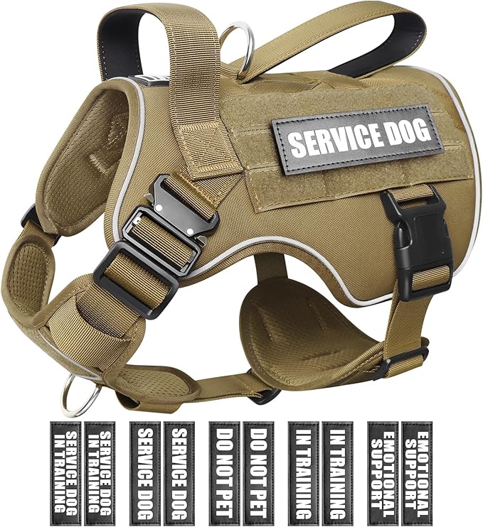 WINSEE Tactical Dog Harness for Medium Dog, Heavy Duty Service Working MOLLE Vest with 10 Pet Patches, 2X Metal Buckle Vest for Training Hunting Walking