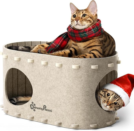 DownyPaws Cat House for Indoor Cats, Cat Bed Cave for Multiple & Large Cats Up to 22 Lbs, Scratch Resistant, Foldable Peekaboo Kitten Caves Tunnel Enclosed Bed, PeekaPurr, Cream