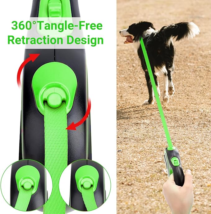 Segarty Extendable Dog Leash, 16ft Heavy Duty Walking Dog Leash for Medium Small Dogs up to 44lb, Anti-Slip Handle 360°Tangle-Free Nylon Tape, One-Handed One Button Lock and Release (Green)