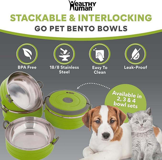 Healthy Human Travel Pet Bento Bowls - Human-Grade Stainless Steel & BPA-Free, Leak-Proof Water & Food Container Set for Dogs & Cats, 2-Pack Interlocking Bowls, Includes Spare Clips & Handle (Green)