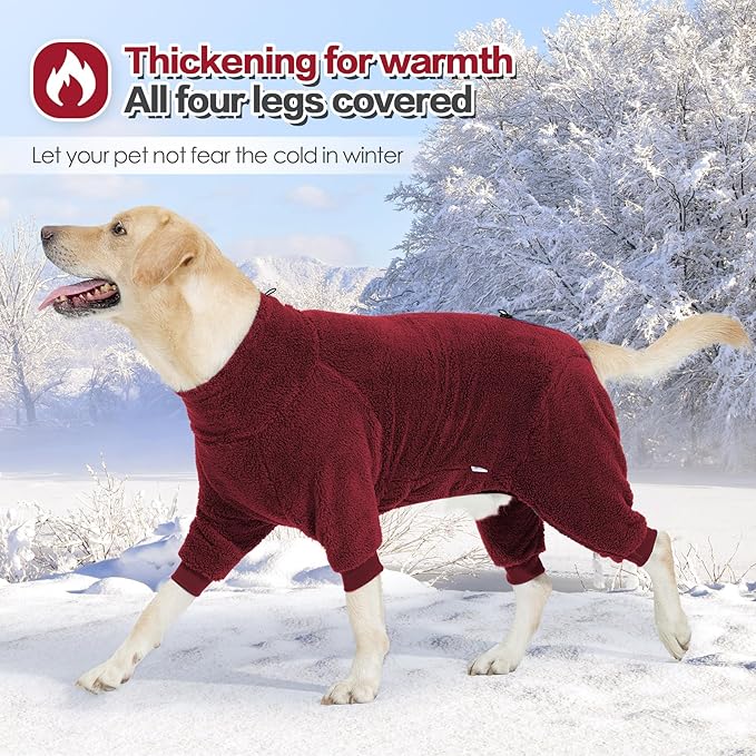 Dog Winter Coat, Warm Fleece Dog Jacket, Windproof Pullover Jumpsuit, Full Body Pajamas Onesie, Cold Weather Clothes for Medium Large Dog(2XL,Red)