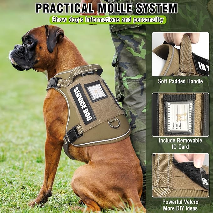 Tactical Dog Harness and Leash Set for Large Dogs,Heavy Duty No Pull Service Dog Vest and 10 Patches with Dog Seat Belt,Reflective Adjustable Pet Harness for Training Walking Hiking Brown L