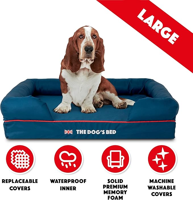 The Dog’s Bed Orthopedic Dog Bed Large Blue Oxford with Red Trim UK Flag Dog Bed Memory Foam, Pain Relief: Arthritis, Post Surgery, Lameness, Waterproof Washable Cover, Veterinary Approved