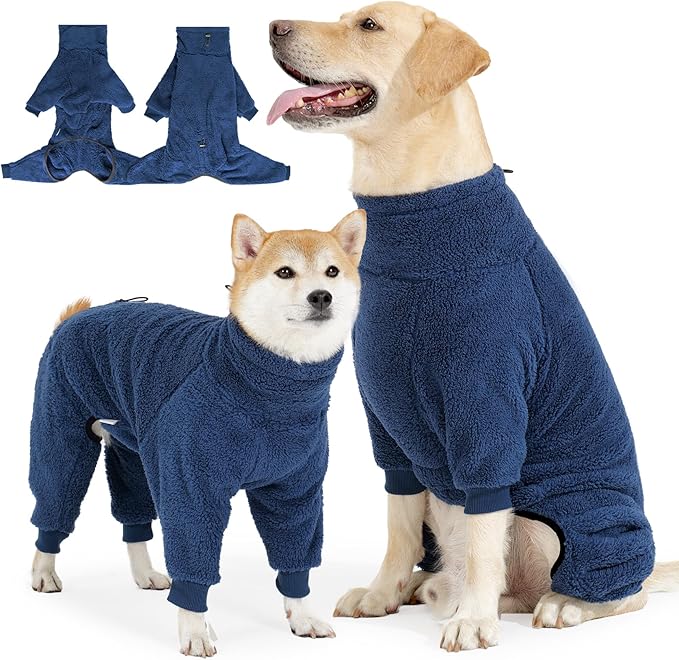 Dog Winter Coat, Warm Fleece Dog Jacket, Windproof Pullover Jumpsuit, Full Body Pajamas Onesie, Cold Weather Clothes for Medium Large Dog(2XL,NavyBlue)