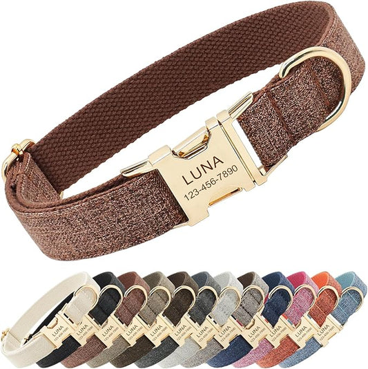 Polyester Personalized Dog Collar with Name and Phone Number, Customizable Laser-Engraved Collar with Metal Quick Release Buckle for Dogs (Chocolate)