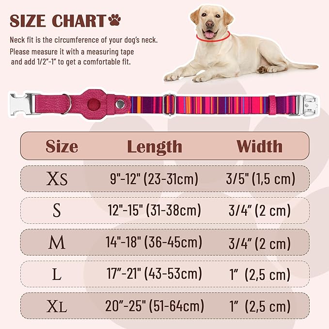 AirTag Dog Collar for Small Medium Large Breed - Adjustable Cute Pattern Dog Collar with Airtag Holder - Soft Leather Tracker GPS Apple Air Tag Pet Collars (X-Small, 9"-12" Neck Fit, Striped)