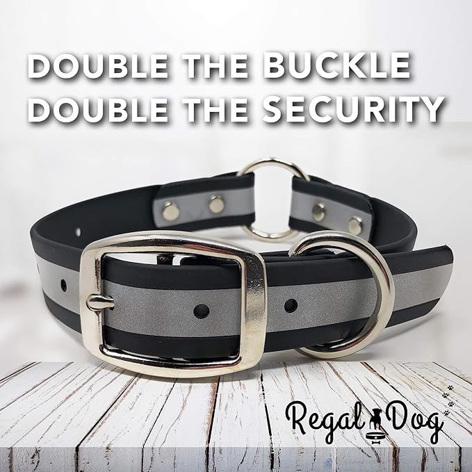 Regal Dog Products Small Black Reflective Dog Collar with Custom Engraved Name Plate and Heavy Duty Center Ring | Waterproof Biothane Personalized Dog Collars - Other Sizes for Medium & Large Dogs