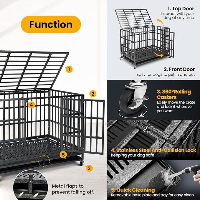 Oranland 48 inch Heavy Duty Indestructible Dog Crate,2025 New Upgraded Reinforced Baseplate for Large Dogs,XL Dog Crate for High Anxiety Dogs/Max Load Capacity 250lbs/Double Door with Wheels