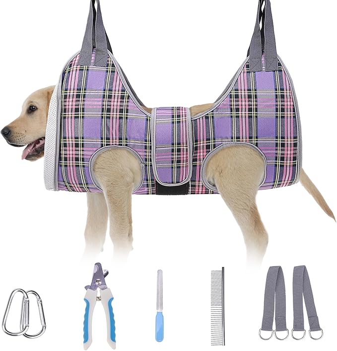 BEAUTYZOO Dog Grooming Hammock for Medium Dogs Cat- Dog Sling for Nail Trimming/Clipping- Dogs Hanging Harness Holder with Thick Fabric Neck Support & Strap Restraint Claw Care, Purple M