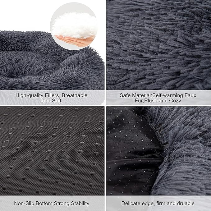 Dog Bed, Cat Calming Bed, Faux Fur Pillow Pet Donut Cuddler Round Plush Bed for Large Medium Small Dogs and Cats (Dark Grey, 44.0" L x 44.0" W x 7.0" Th)