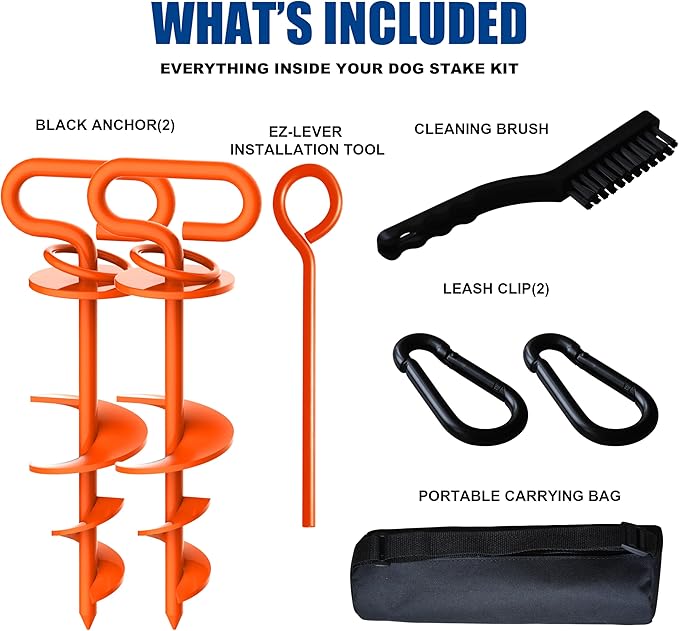 Eurmax USA Dog Tie Out Stake Triple Lock Heavy Duty Dog Anchor for Large Dogs Trampoline Stakes Dog for Yard and Outdoor Dog Runner Install & Travel Kit Included,2-Pack(Orange)